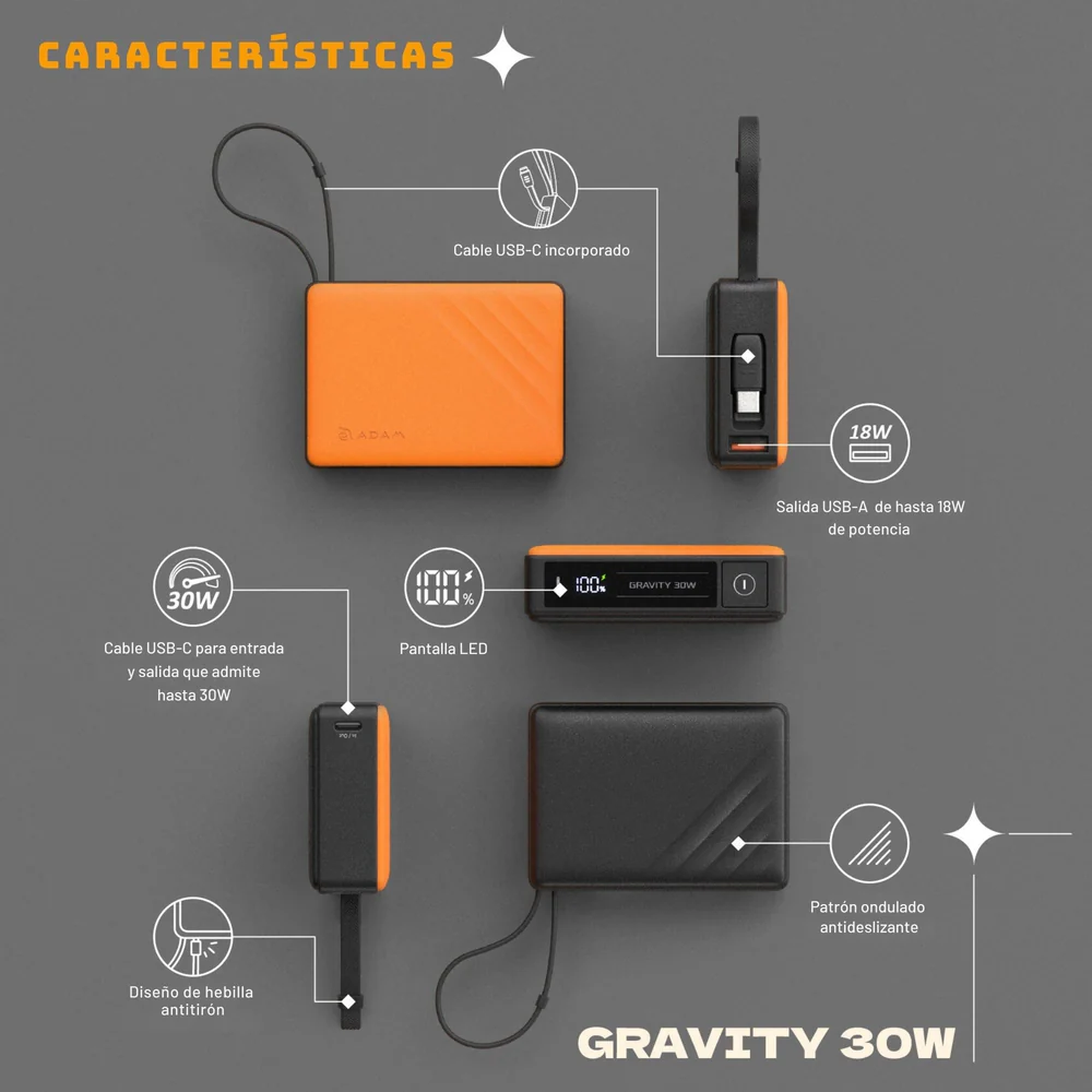 Batería magnética Adam Elements GRAVITY - 10,000mAh 30W con cable USB-C integrado - Gris - Image 11